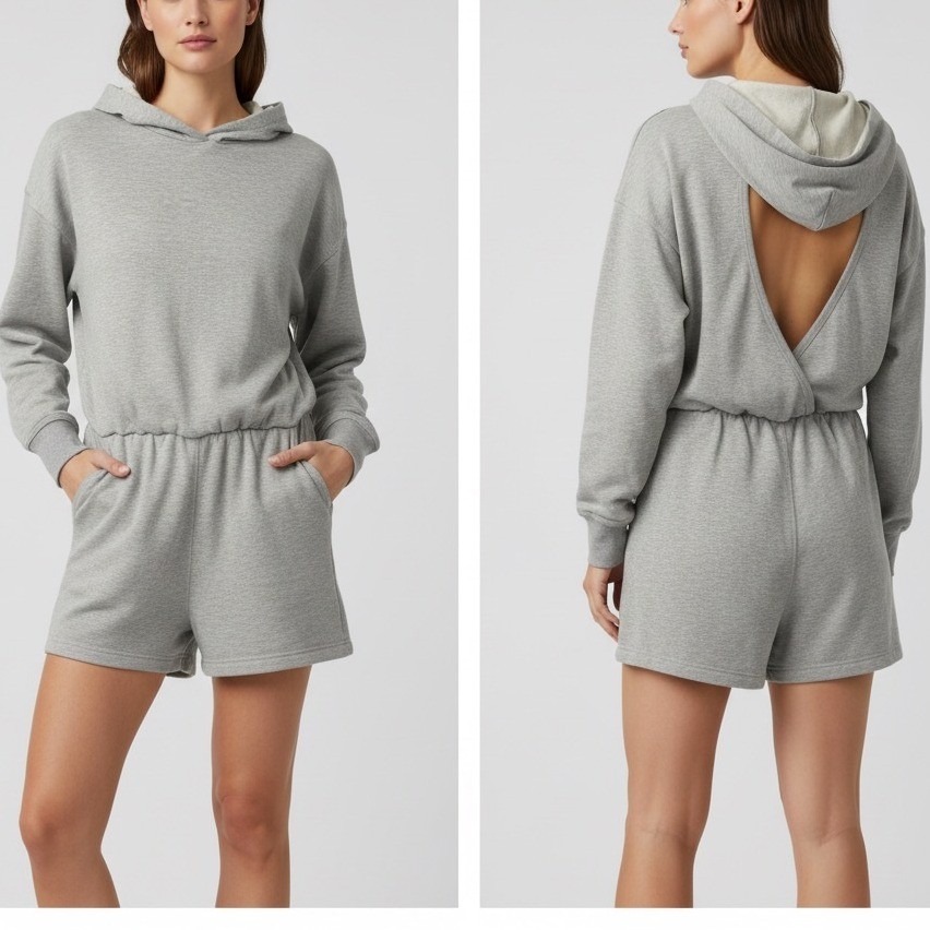 Free People Movement Grey Hooded Romper Open Back Elastic Waist Small Athlesure